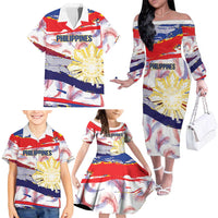 Philippines Sun Tattoo Family Matching Off The Shoulder Long Sleeve Dress and Hawaiian Shirt Feathers Filipinas Grunge Style White LT14 - Polynesian Pride