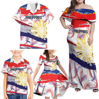 Philippines Sun Tattoo Family Matching Off Shoulder Maxi Dress and Hawaiian Shirt Feathers Filipinas Grunge Style White LT14 - Polynesian Pride