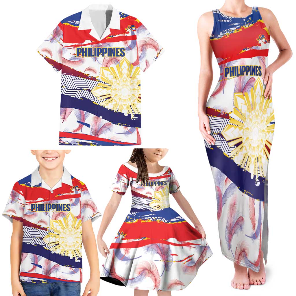 Philippines Sun Tattoo Family Matching Tank Maxi Dress and Hawaiian Shirt Feathers Filipinas Grunge Style White LT14 - Polynesian Pride