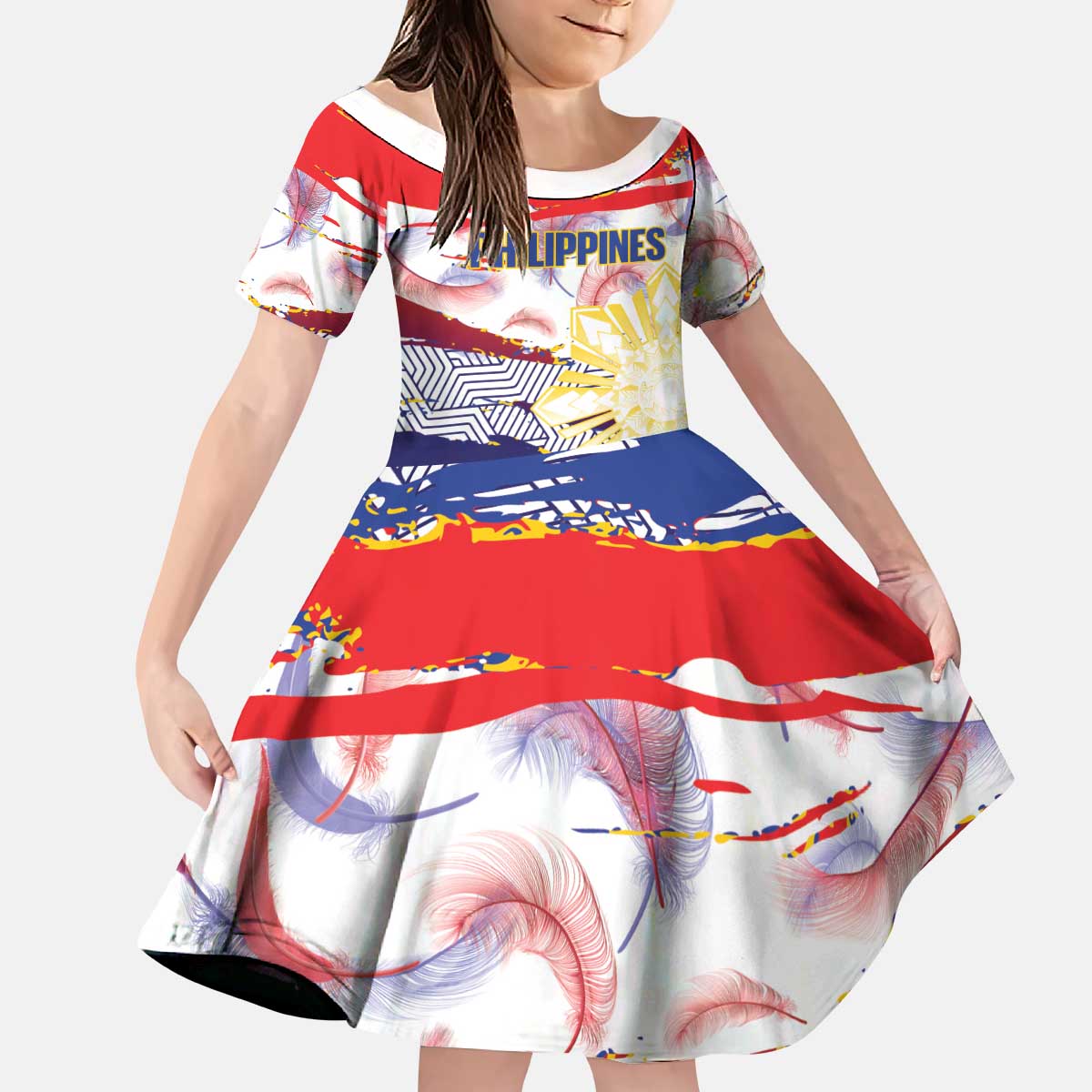 Philippines Sun Tattoo Kid Short Sleeve Dress Feathers Filipinas Grunge Style White