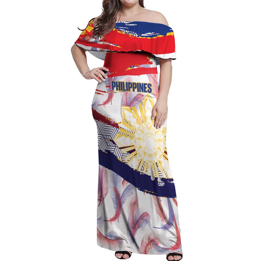 Philippines Sun Tattoo Off Shoulder Maxi Dress Feathers Filipinas Grunge Style White