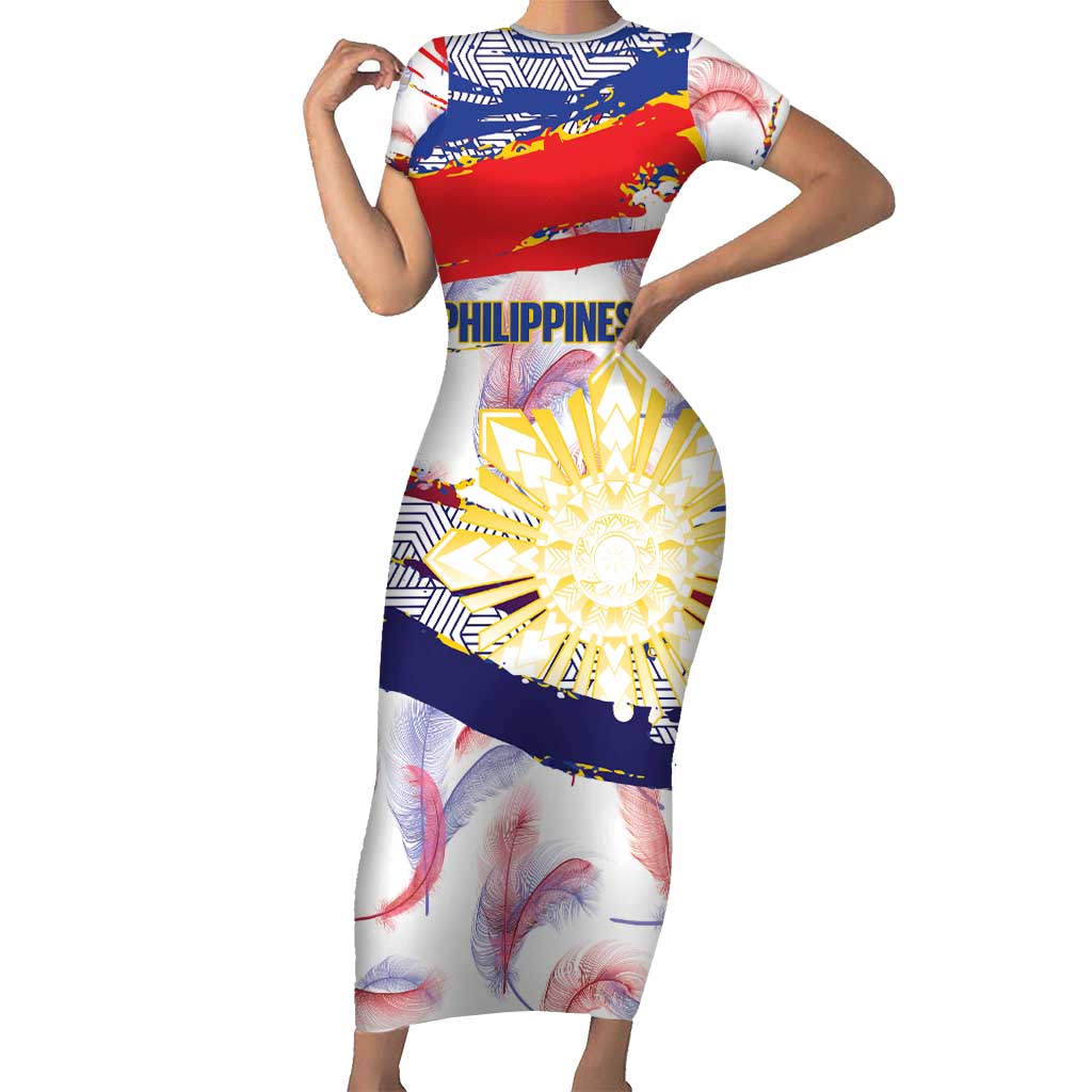 Philippines Sun Tattoo Short Sleeve Bodycon Dress Feathers Filipinas Grunge Style White LT14 Long Dress White - Polynesian Pride