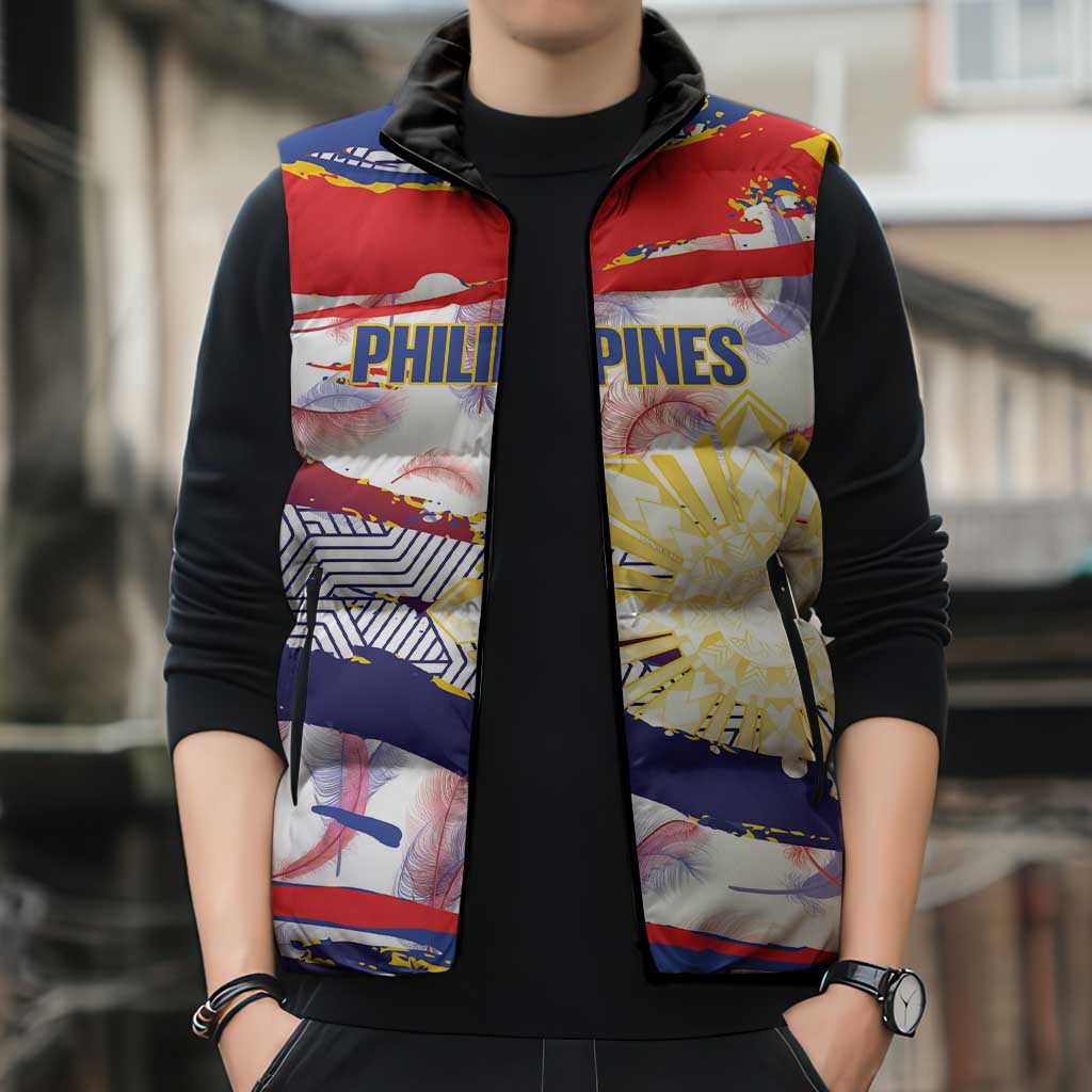 Philippines Sun Tattoo Sleeveless Puffer Jacket Feathers Filipinas Grunge Style White