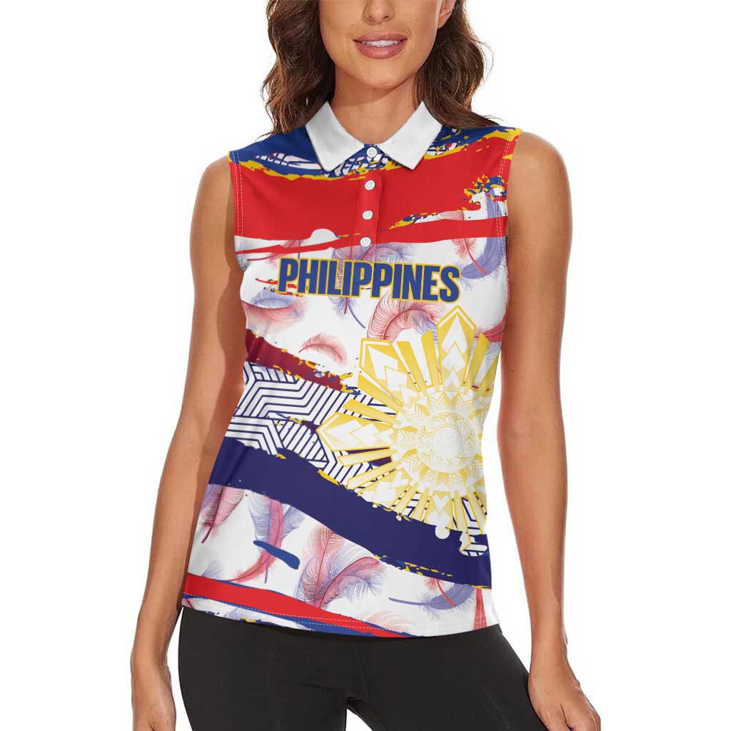 Philippines Sun Tattoo Women Sleeveless Polo Shirt Feathers Filipinas Grunge Style White