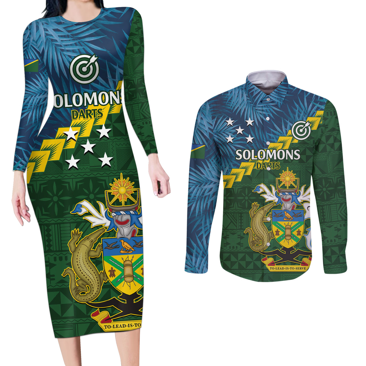 Personalised Solomon Islands Darts Couples Matching Long Sleeve Bodycon Dress and Long Sleeve Button Shirt Tropical Leaves Melanesian Pattern LT14 Green - Polynesian Pride