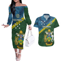 Personalised Solomon Islands Darts Couples Matching Off The Shoulder Long Sleeve Dress and Hawaiian Shirt Tropical Leaves Melanesian Pattern LT14 Green - Polynesian Pride