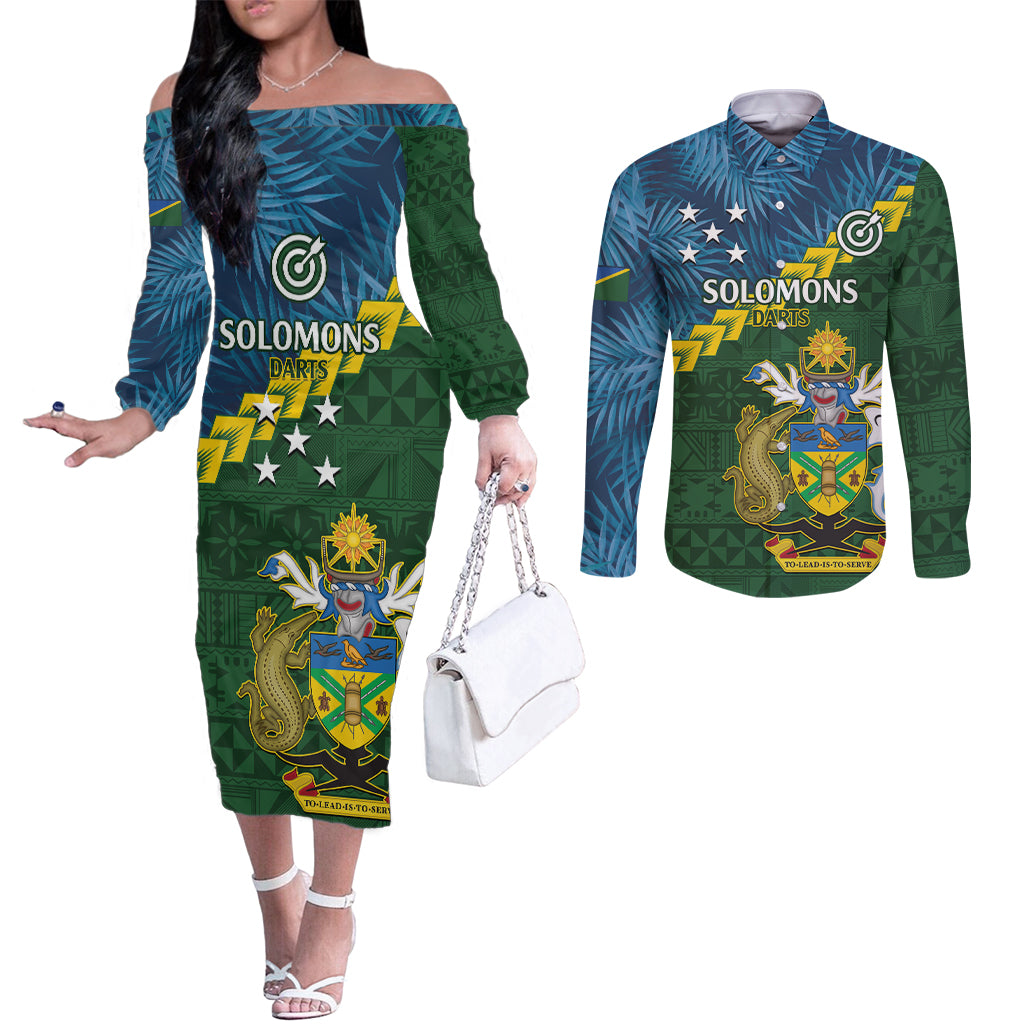 Personalised Solomon Islands Darts Couples Matching Off The Shoulder Long Sleeve Dress and Long Sleeve Button Shirt Tropical Leaves Melanesian Pattern LT14 Green - Polynesian Pride