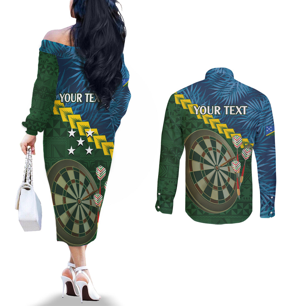 Personalised Solomon Islands Darts Couples Matching Off The Shoulder Long Sleeve Dress and Long Sleeve Button Shirt Tropical Leaves Melanesian Pattern LT14 - Polynesian Pride