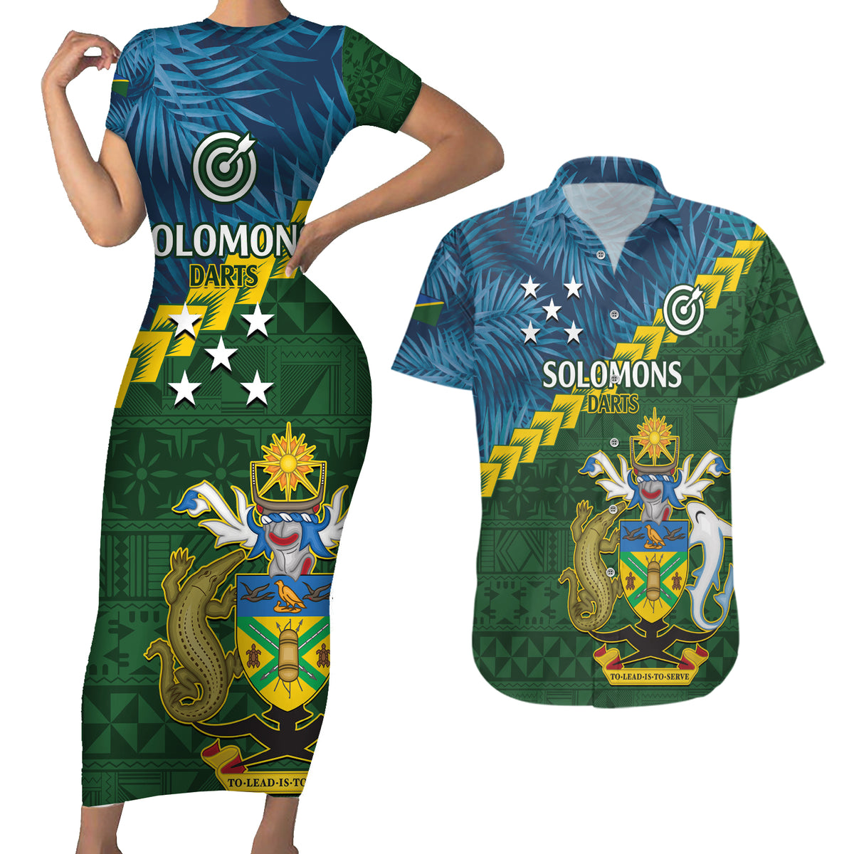 Personalised Solomon Islands Darts Couples Matching Short Sleeve Bodycon Dress and Hawaiian Shirt Tropical Leaves Melanesian Pattern LT14 Green - Polynesian Pride