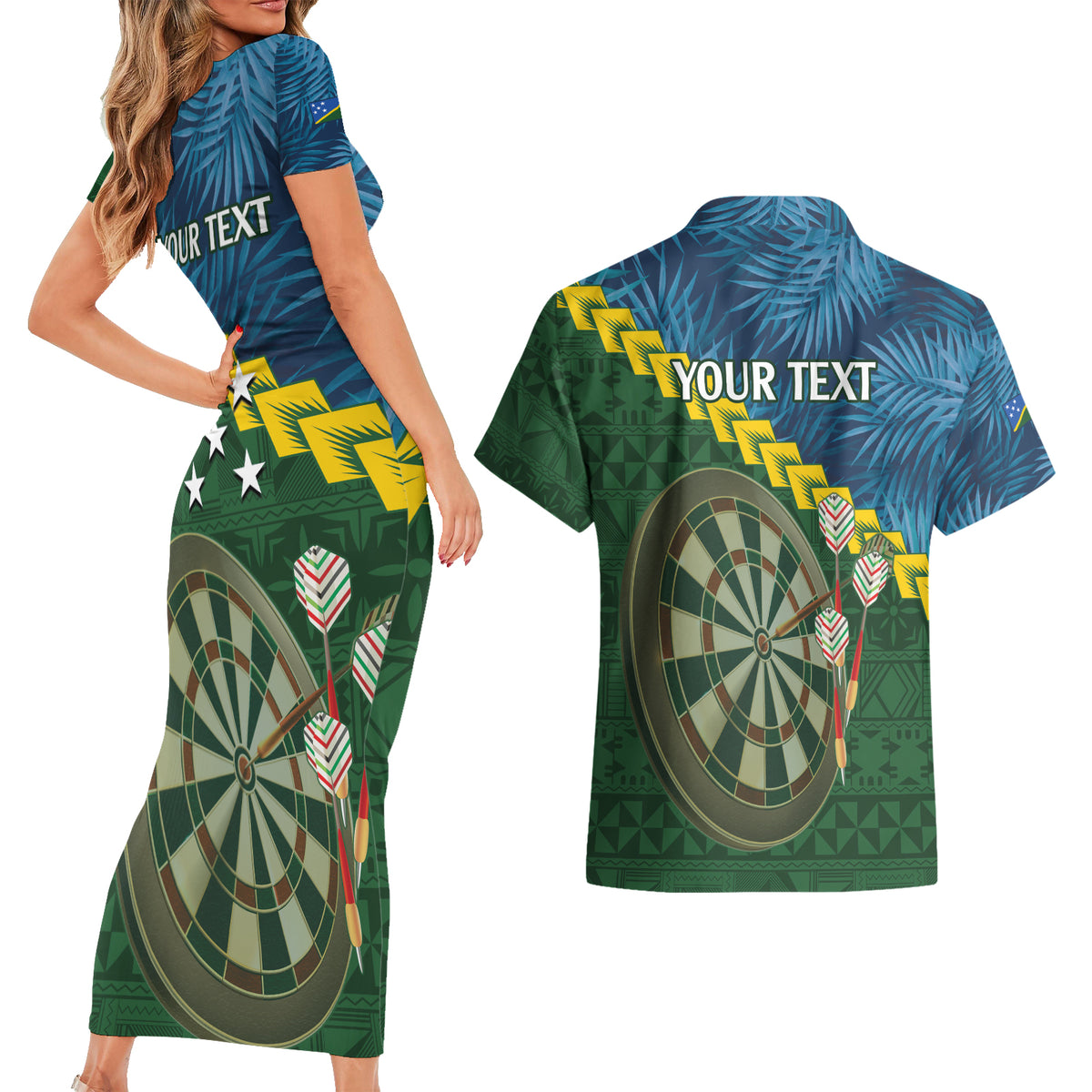 Personalised Solomon Islands Darts Couples Matching Short Sleeve Bodycon Dress and Hawaiian Shirt Tropical Leaves Melanesian Pattern LT14 - Polynesian Pride