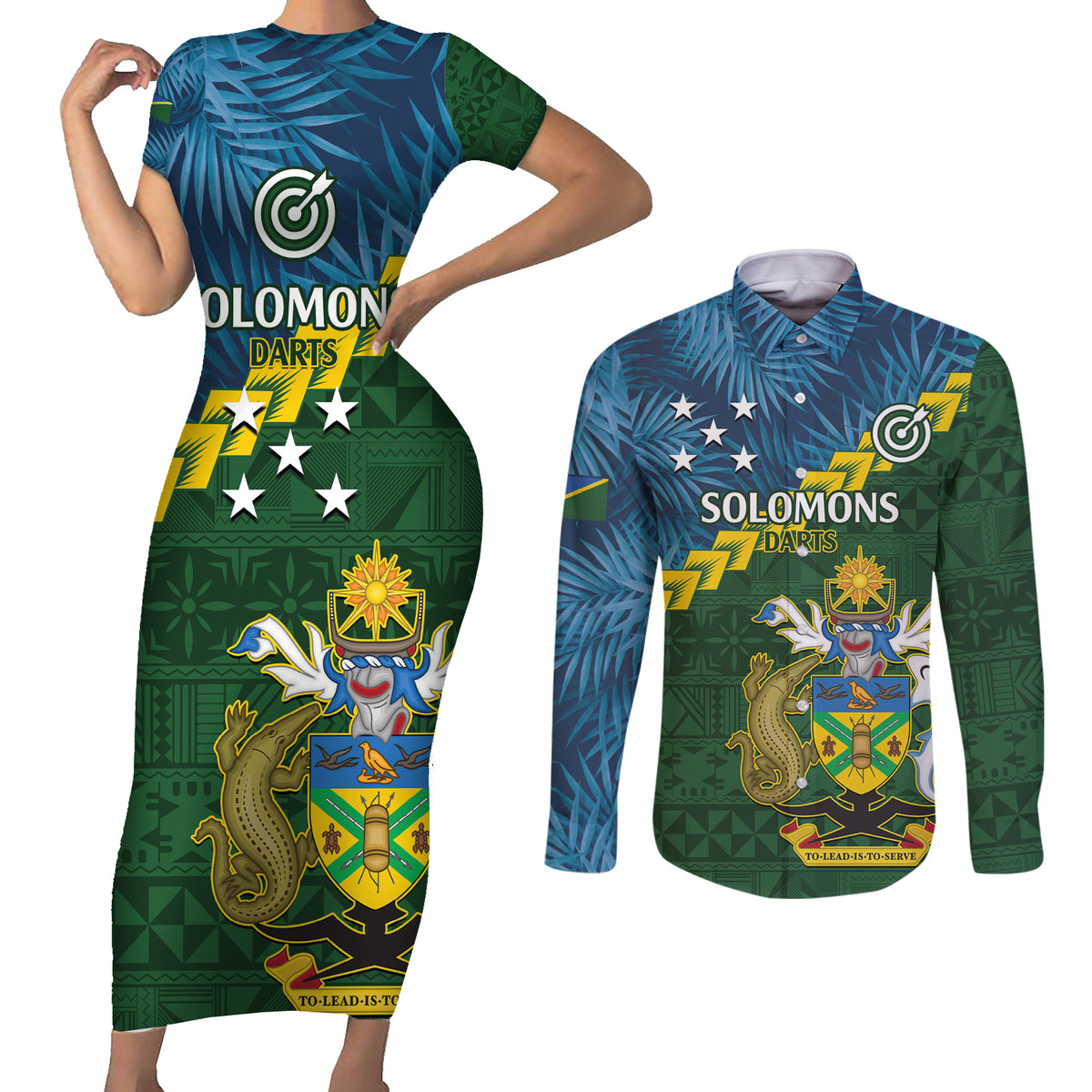 Personalised Solomon Islands Darts Couples Matching Short Sleeve Bodycon Dress and Long Sleeve Button Shirt Tropical Leaves Melanesian Pattern LT14 Green - Polynesian Pride