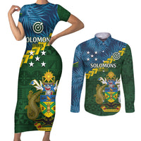 Personalised Solomon Islands Darts Couples Matching Short Sleeve Bodycon Dress and Long Sleeve Button Shirt Tropical Leaves Melanesian Pattern LT14 Green - Polynesian Pride