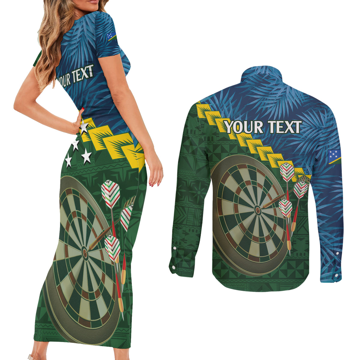 Personalised Solomon Islands Darts Couples Matching Short Sleeve Bodycon Dress and Long Sleeve Button Shirt Tropical Leaves Melanesian Pattern LT14 - Polynesian Pride