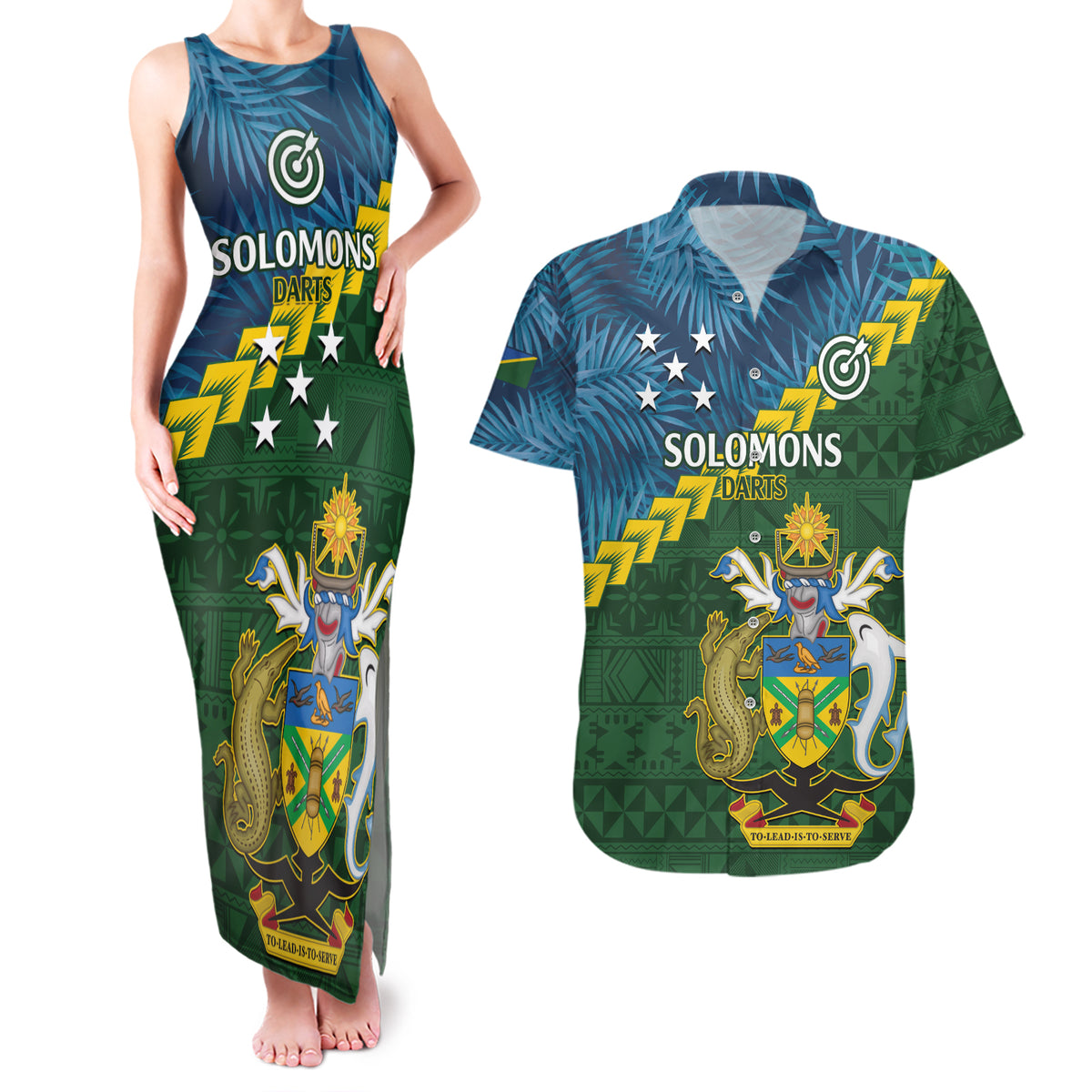 Personalised Solomon Islands Darts Couples Matching Tank Maxi Dress and Hawaiian Shirt Tropical Leaves Melanesian Pattern LT14 Green - Polynesian Pride