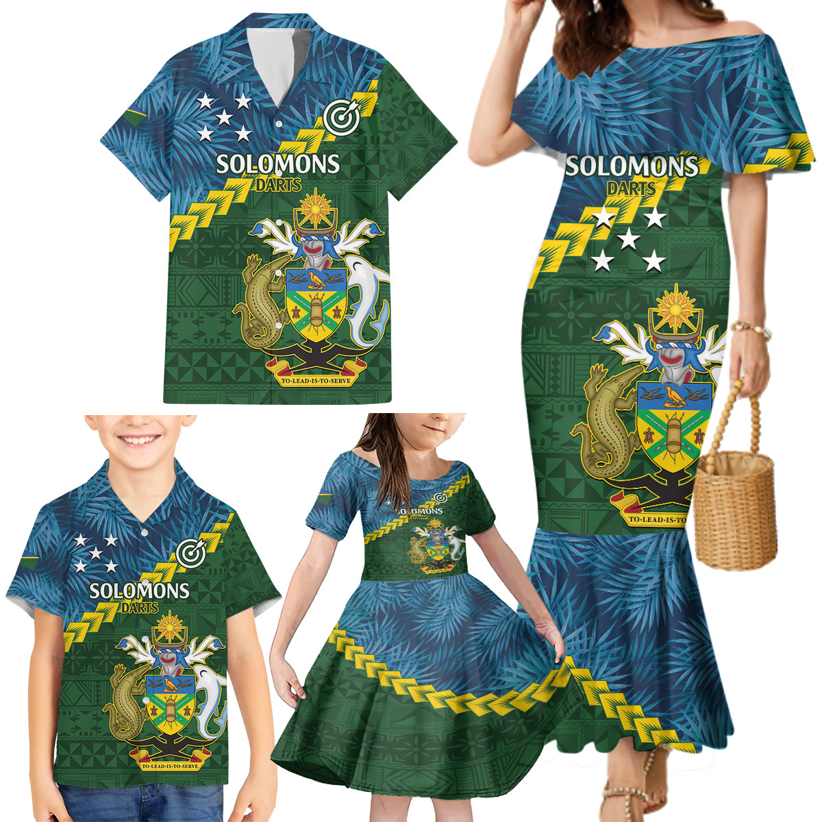 Personalised Solomon Islands Darts Family Matching Mermaid Dress and Hawaiian Shirt Tropical Leaves Melanesian Pattern LT14 - Polynesian Pride