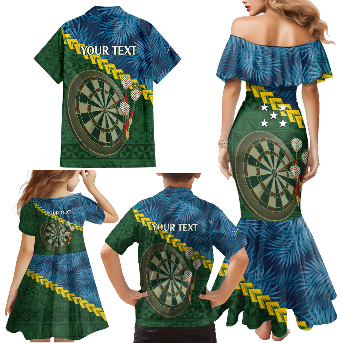 Personalised Solomon Islands Darts Family Matching Mermaid Dress and Hawaiian Shirt Tropical Leaves Melanesian Pattern LT14 - Polynesian Pride
