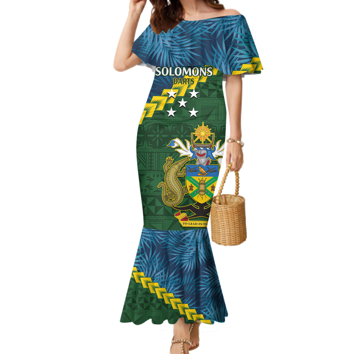 Personalised Solomon Islands Darts Family Matching Mermaid Dress and Hawaiian Shirt Tropical Leaves Melanesian Pattern LT14 Mom's Dress Green - Polynesian Pride