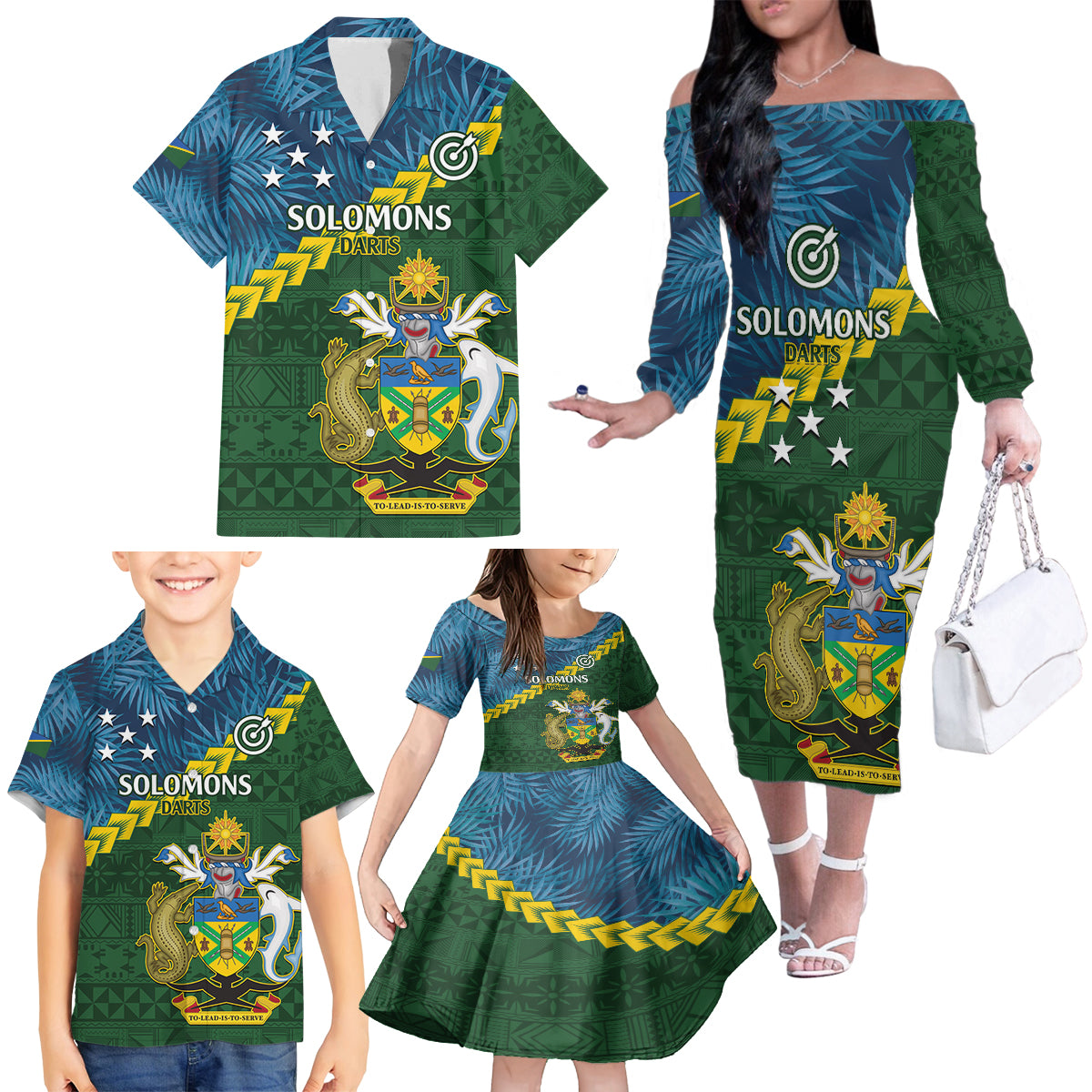 Personalised Solomon Islands Darts Family Matching Off The Shoulder Long Sleeve Dress and Hawaiian Shirt Tropical Leaves Melanesian Pattern LT14 - Polynesian Pride