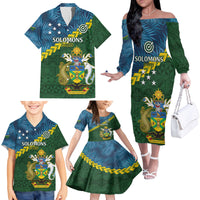 Personalised Solomon Islands Darts Family Matching Off The Shoulder Long Sleeve Dress and Hawaiian Shirt Tropical Leaves Melanesian Pattern LT14 - Polynesian Pride