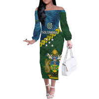 Personalised Solomon Islands Darts Family Matching Off The Shoulder Long Sleeve Dress and Hawaiian Shirt Tropical Leaves Melanesian Pattern LT14 Mom's Dress Green - Polynesian Pride