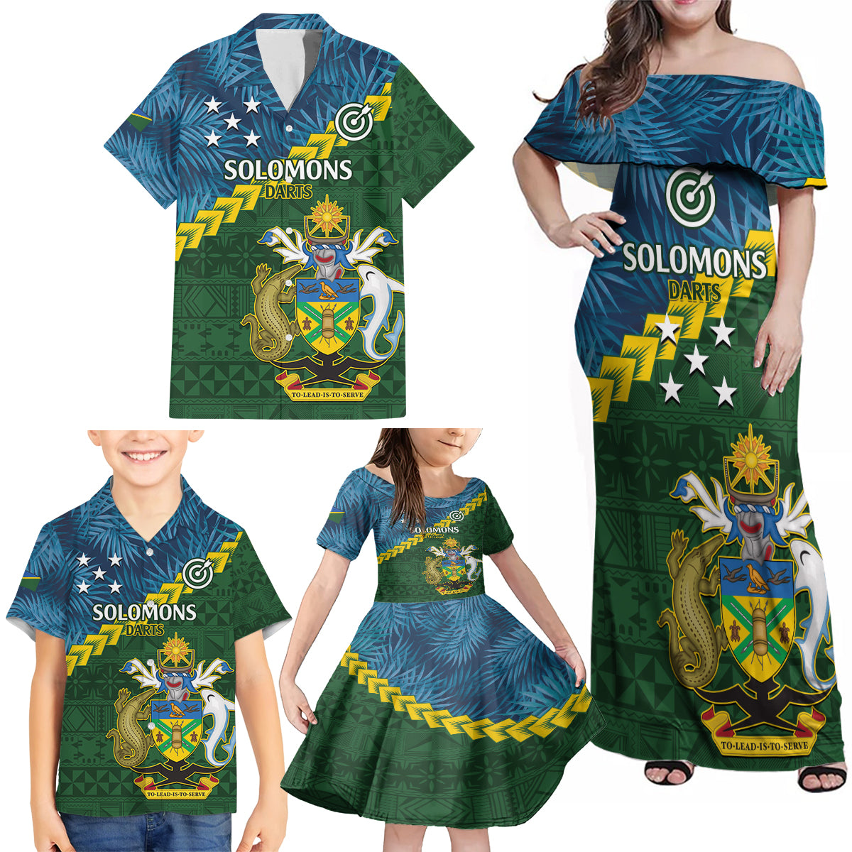 Personalised Solomon Islands Darts Family Matching Off Shoulder Maxi Dress and Hawaiian Shirt Tropical Leaves Melanesian Pattern LT14 - Polynesian Pride