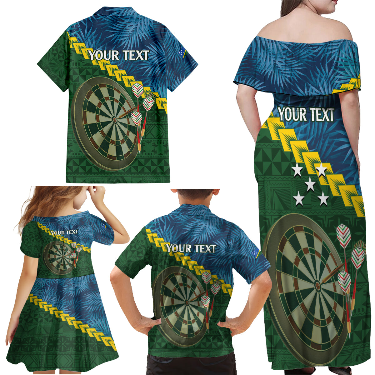 Personalised Solomon Islands Darts Family Matching Off Shoulder Maxi Dress and Hawaiian Shirt Tropical Leaves Melanesian Pattern LT14 - Polynesian Pride