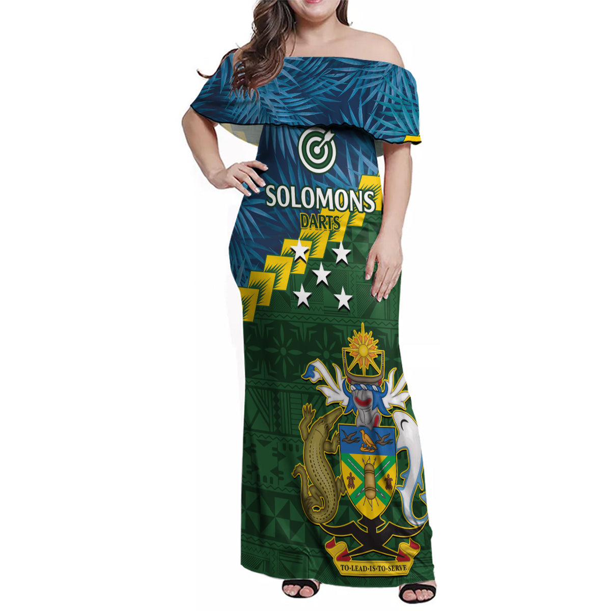 Personalised Solomon Islands Darts Family Matching Off Shoulder Maxi Dress and Hawaiian Shirt Tropical Leaves Melanesian Pattern LT14 Mom's Dress Green - Polynesian Pride