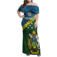 Personalised Solomon Islands Darts Family Matching Off Shoulder Maxi Dress and Hawaiian Shirt Tropical Leaves Melanesian Pattern LT14 Mom's Dress Green - Polynesian Pride