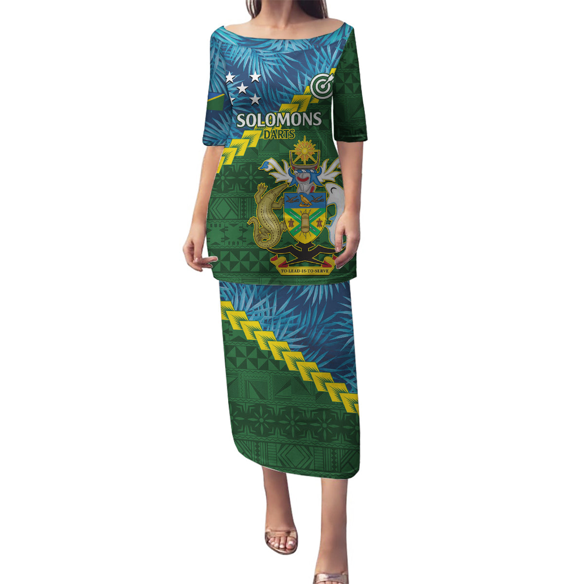 Personalised Solomon Islands Darts Family Matching Puletasi and Hawaiian Shirt Tropical Leaves Melanesian Pattern LT14 Mom's Dress Green - Polynesian Pride