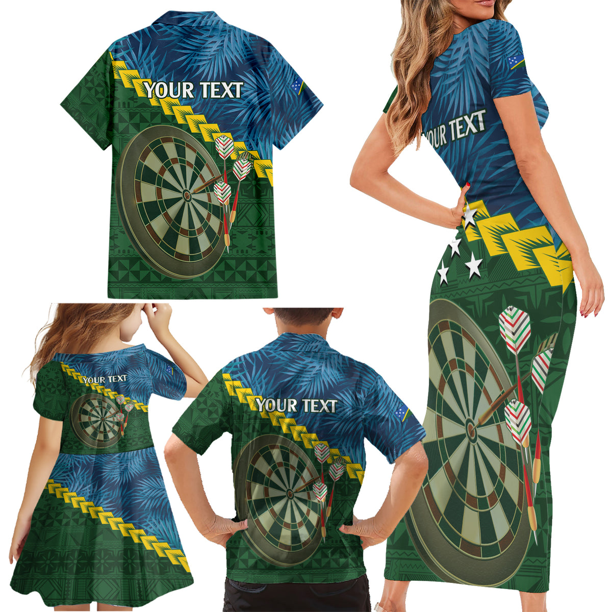 Personalised Solomon Islands Darts Family Matching Short Sleeve Bodycon Dress and Hawaiian Shirt Tropical Leaves Melanesian Pattern LT14 - Polynesian Pride