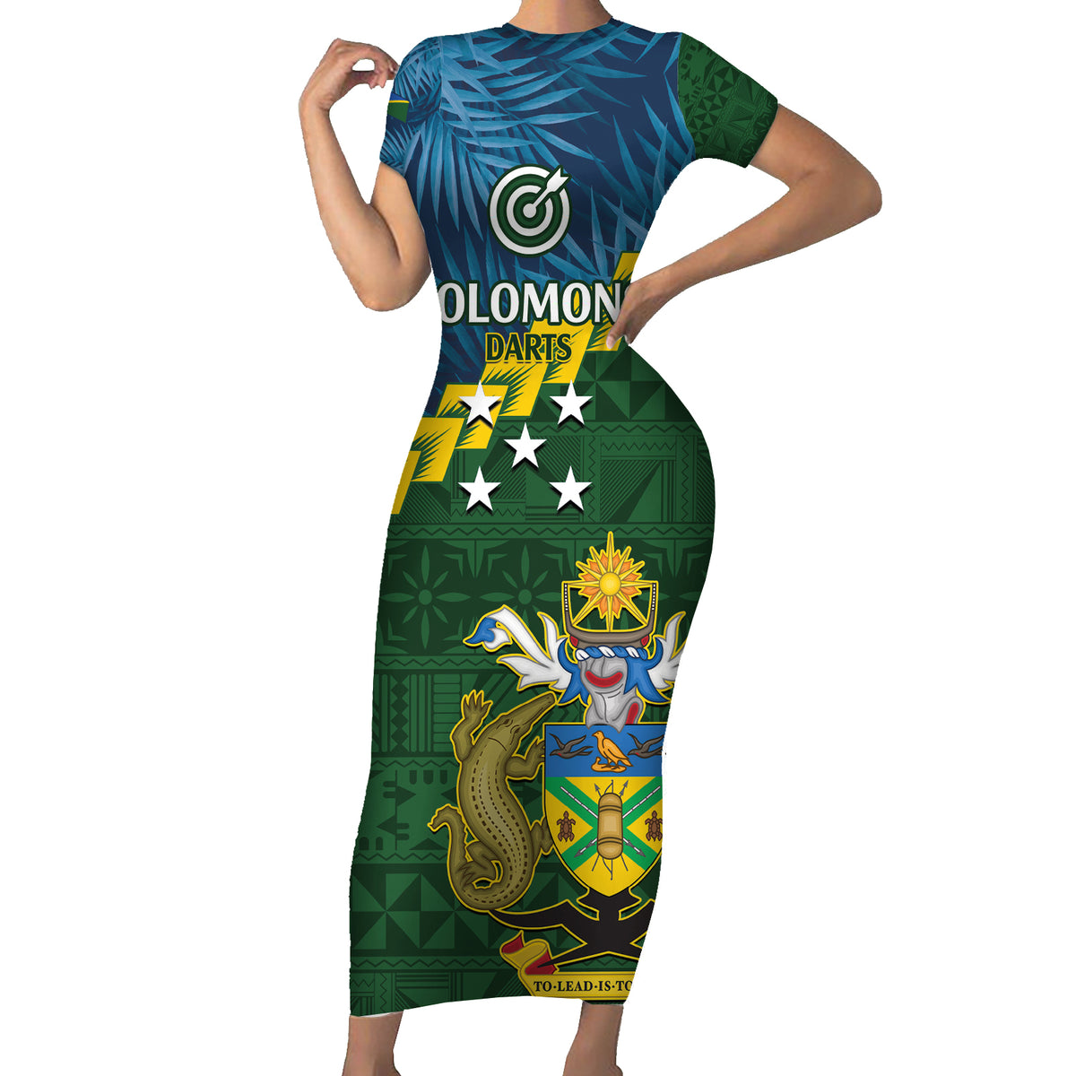 Personalised Solomon Islands Darts Family Matching Short Sleeve Bodycon Dress and Hawaiian Shirt Tropical Leaves Melanesian Pattern LT14 Mom's Dress Green - Polynesian Pride