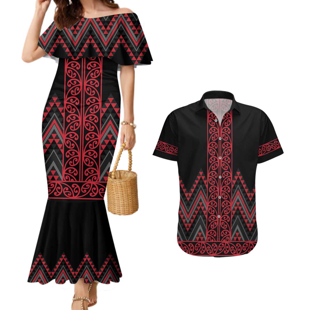 Red Aotearoa Mangopare Kowhaiwhai and Niho Taniwha Couples Matching Mermaid Dress and Hawaiian Shirt Maori New Zealand LT14 Red - Polynesian Pride