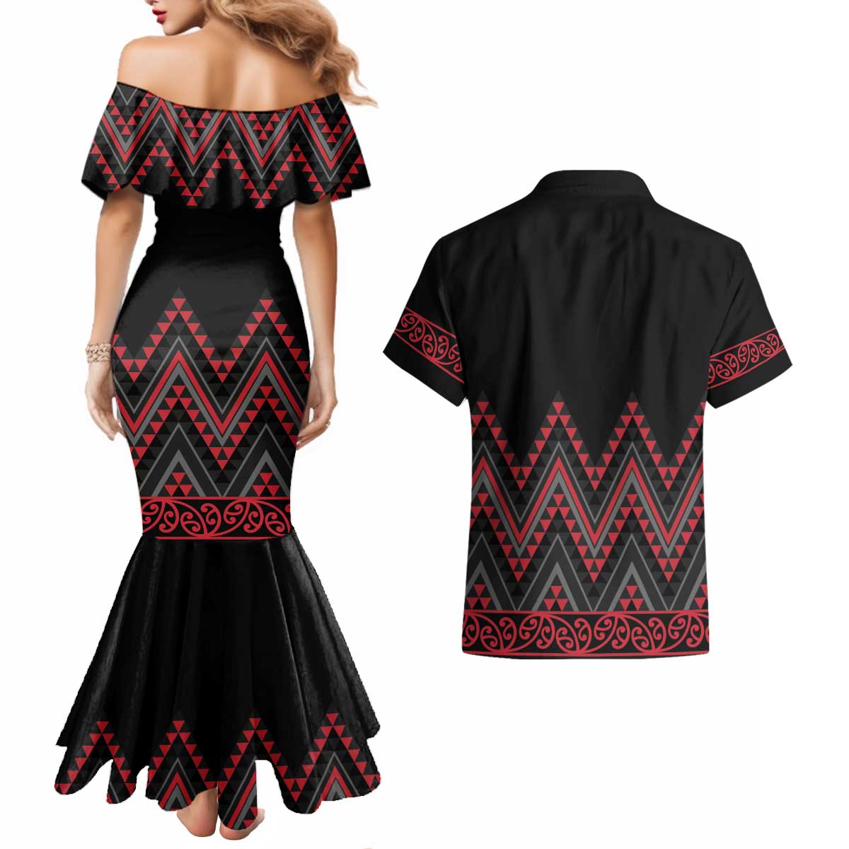 Red Aotearoa Mangopare Kowhaiwhai and Niho Taniwha Couples Matching Mermaid Dress and Hawaiian Shirt Maori New Zealand LT14 - Polynesian Pride