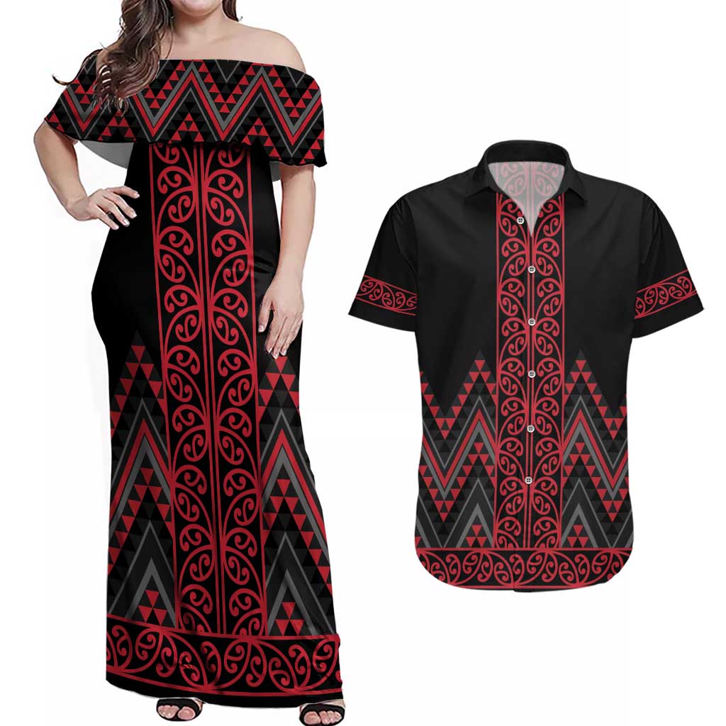 Red Aotearoa Mangopare Kowhaiwhai and Niho Taniwha Couples Matching Off Shoulder Maxi Dress and Hawaiian Shirt Maori New Zealand LT14 Red - Polynesian Pride