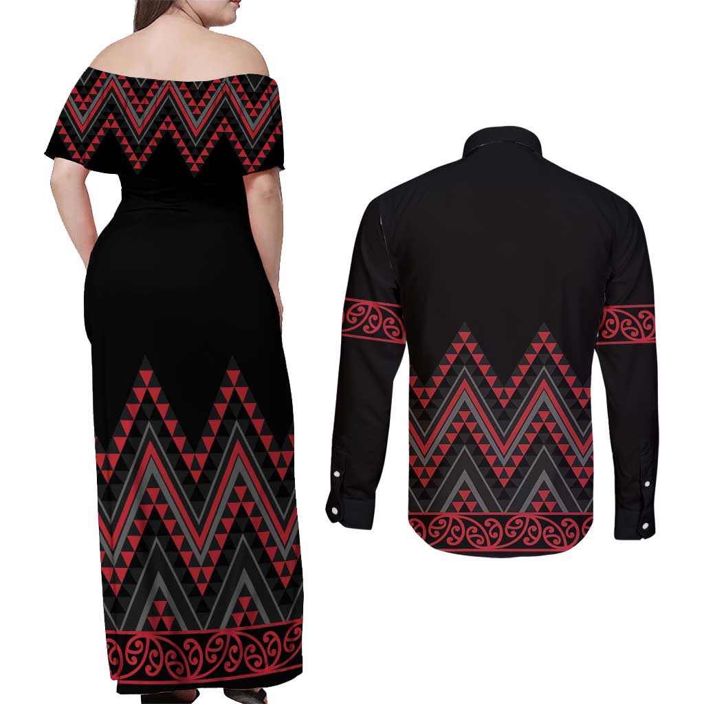 Red Aotearoa Mangopare Kowhaiwhai and Niho Taniwha Couples Matching Off Shoulder Maxi Dress and Long Sleeve Button Shirt Maori New Zealand LT14 - Polynesian Pride