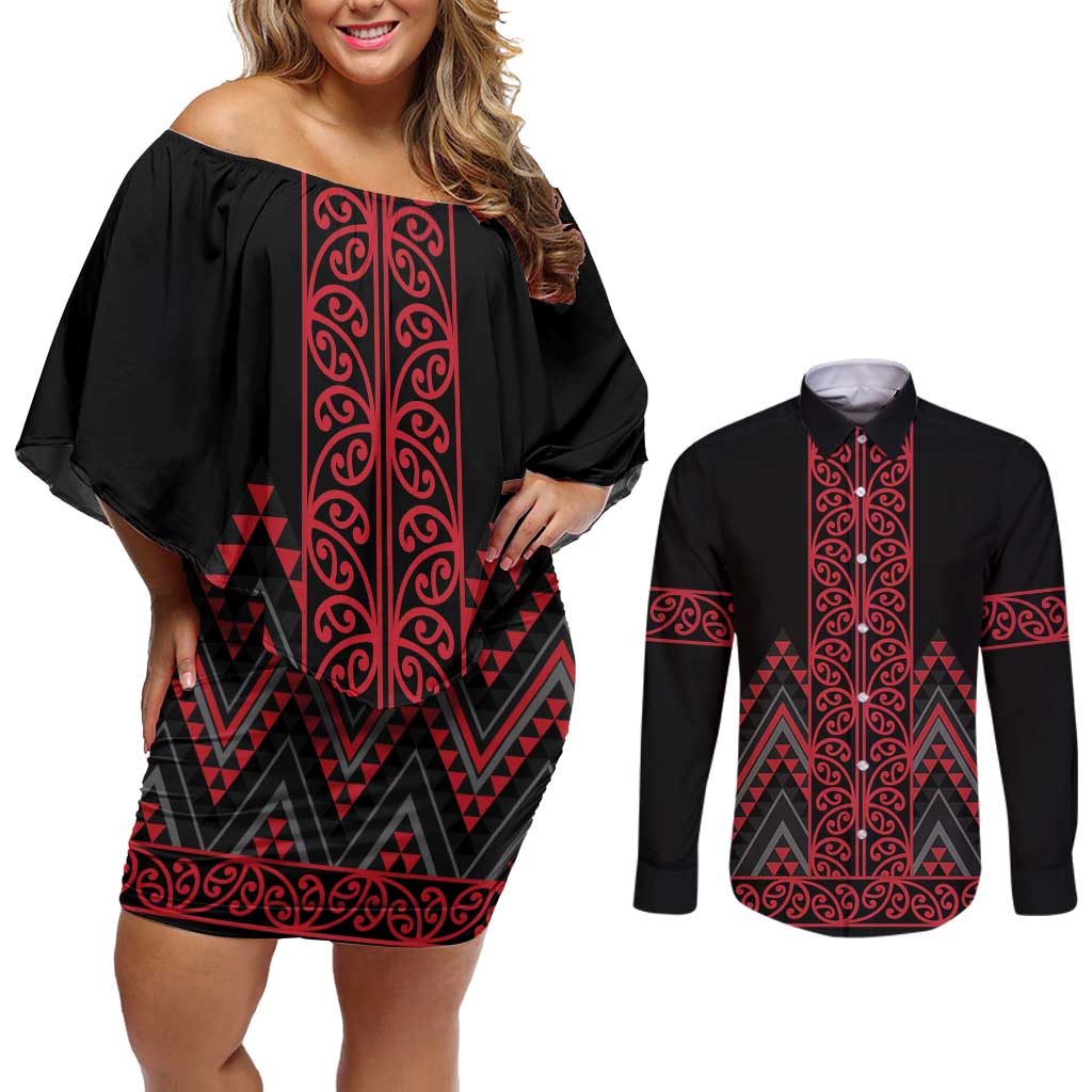 Red Aotearoa Mangopare Kowhaiwhai and Niho Taniwha Couples Matching Off Shoulder Short Dress and Long Sleeve Button Shirt Maori New Zealand LT14 Red - Polynesian Pride