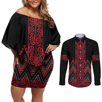 Red Aotearoa Mangopare Kowhaiwhai and Niho Taniwha Couples Matching Off Shoulder Short Dress and Long Sleeve Button Shirt Maori New Zealand LT14 Red - Polynesian Pride