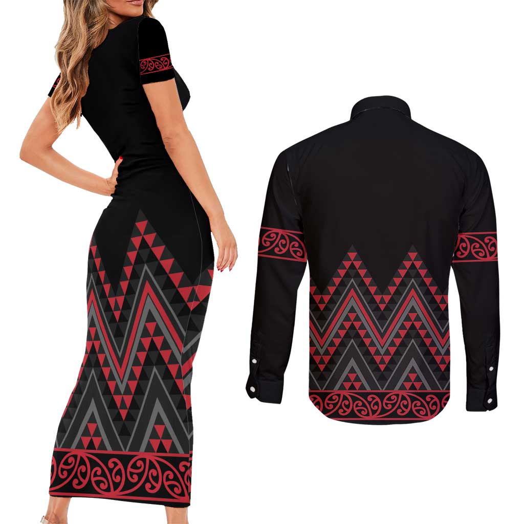 Red Aotearoa Mangopare Kowhaiwhai and Niho Taniwha Couples Matching Short Sleeve Bodycon Dress and Long Sleeve Button Shirt Maori New Zealand LT14 - Polynesian Pride