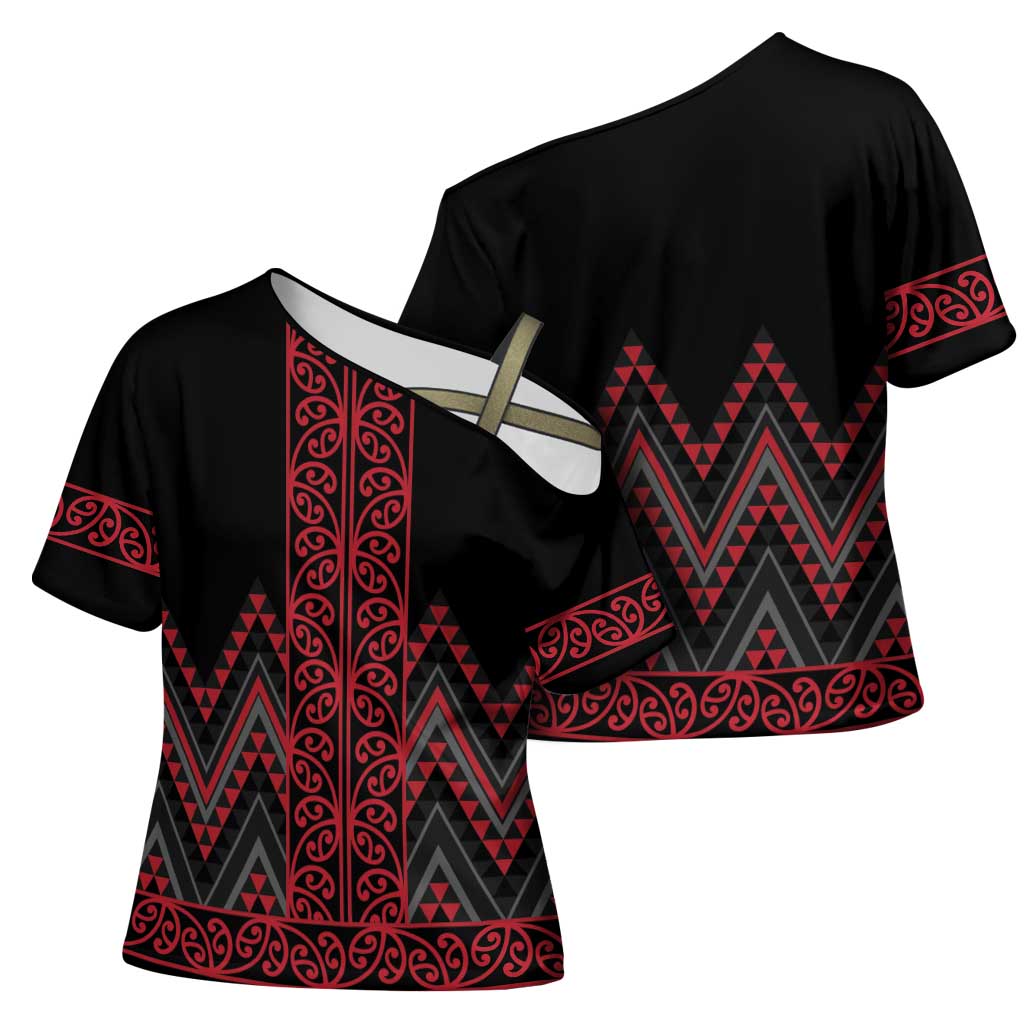 Red Aotearoa Mangopare Kowhaiwhai Niho Taniwha Cross Shoulder Shirt Maori New Zealand LT14 - Polynesian Pride