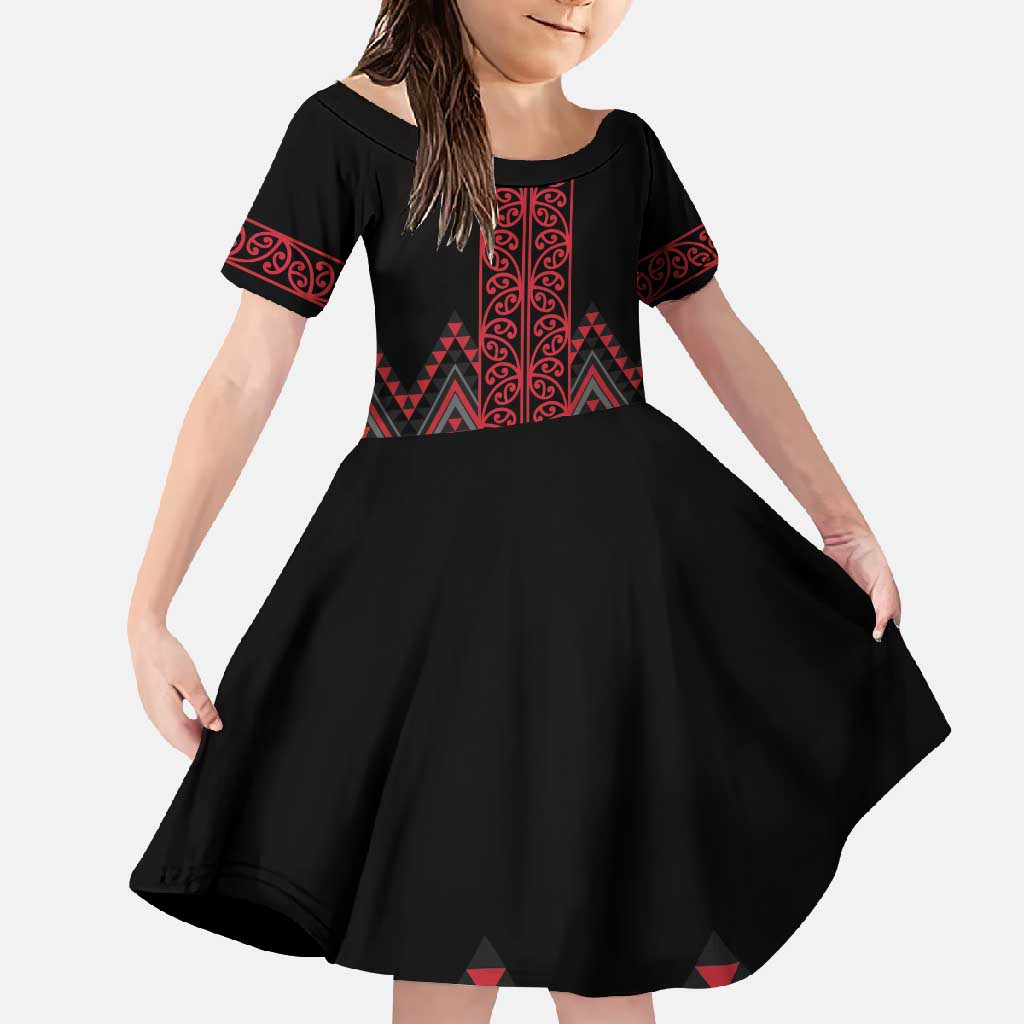 Red Aotearoa Mangopare Kowhaiwhai and Niho Taniwha Family Matching Long Sleeve Bodycon Dress and Hawaiian Shirt Maori New Zealand LT14 Daughter's Dress Red - Polynesian Pride