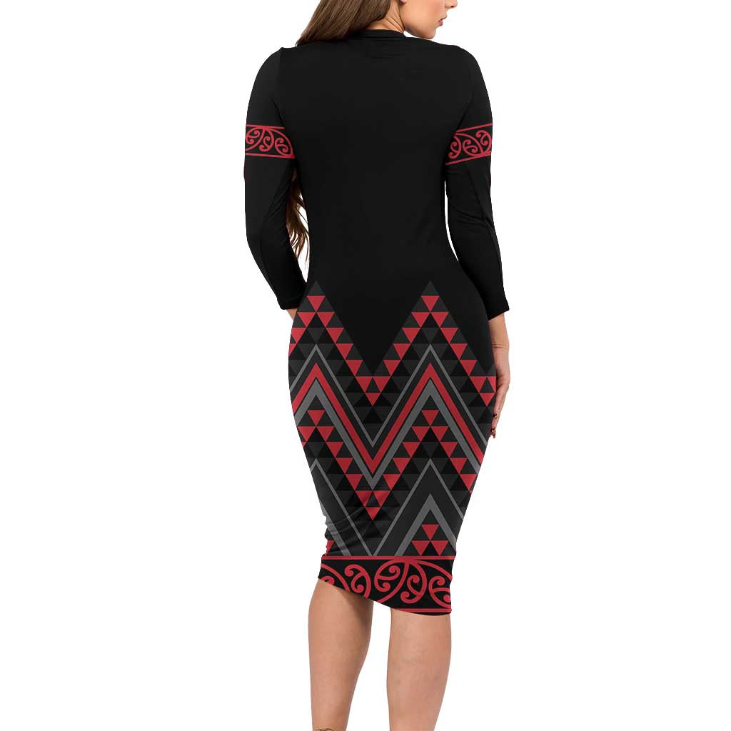 Red Aotearoa Mangopare Kowhaiwhai and Niho Taniwha Family Matching Long Sleeve Bodycon Dress and Hawaiian Shirt Maori New Zealand LT14 - Polynesian Pride