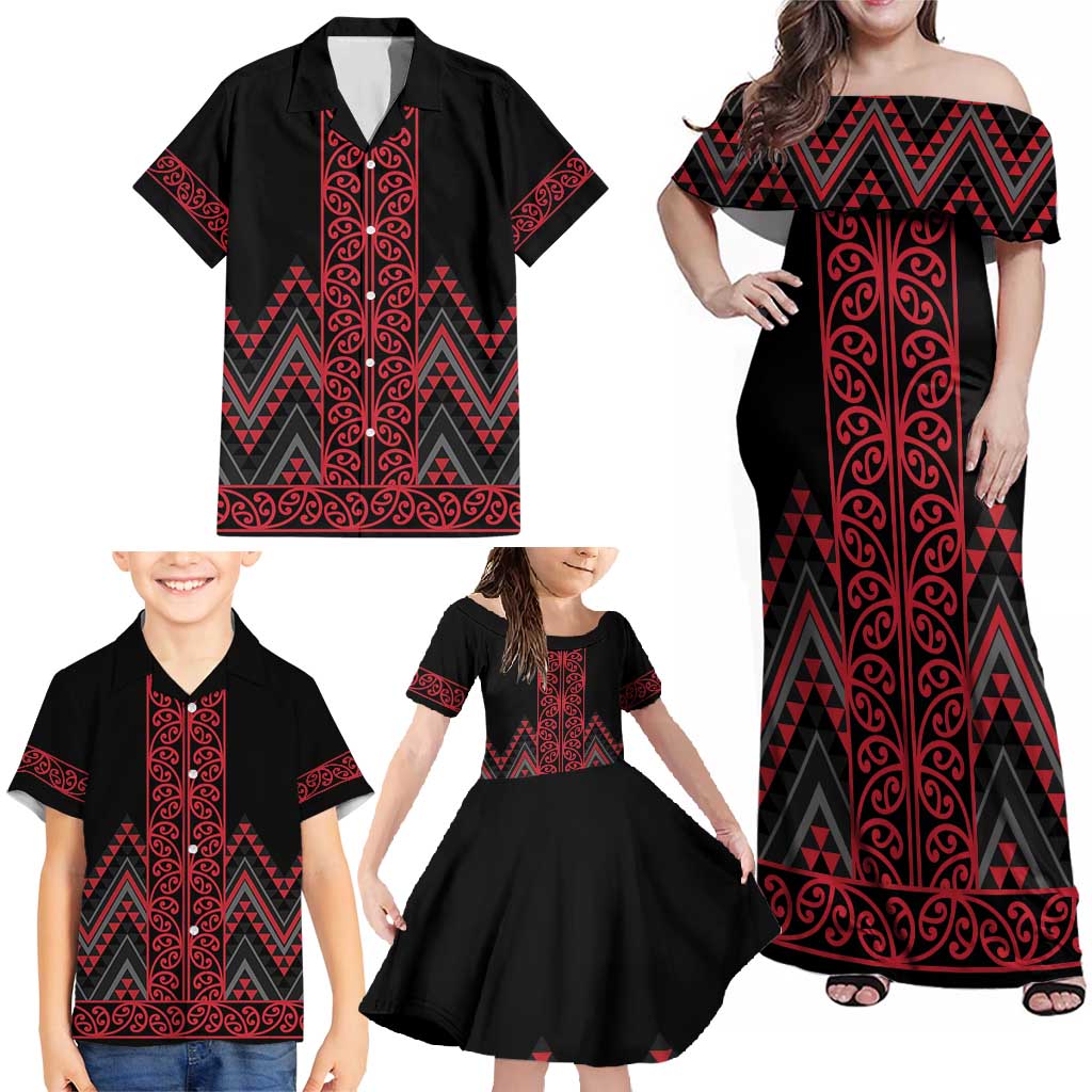 Red Aotearoa Mangopare Kowhaiwhai and Niho Taniwha Family Matching Off Shoulder Maxi Dress and Hawaiian Shirt Maori New Zealand LT14 - Polynesian Pride