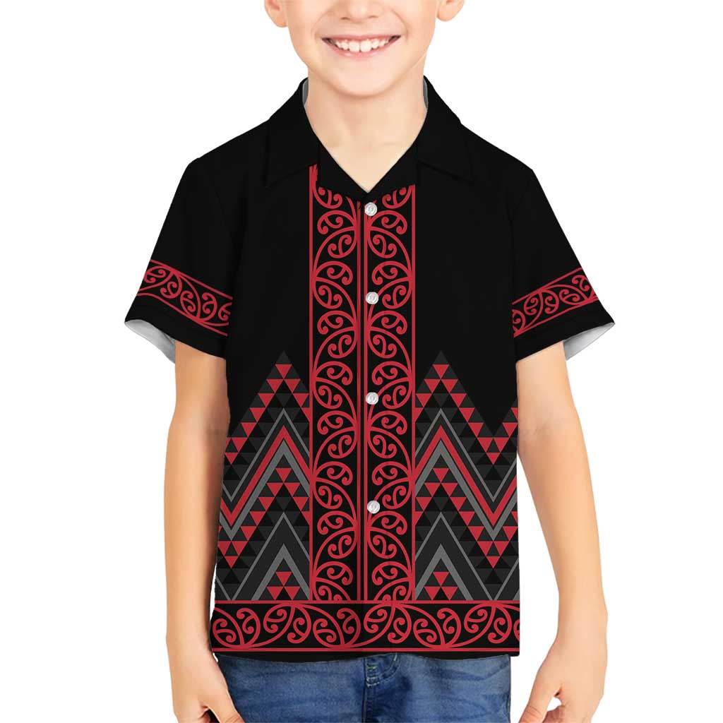 Red Aotearoa Mangopare Kowhaiwhai and Niho Taniwha Family Matching Off Shoulder Maxi Dress and Hawaiian Shirt Maori New Zealand LT14 Son's Shirt Red - Polynesian Pride