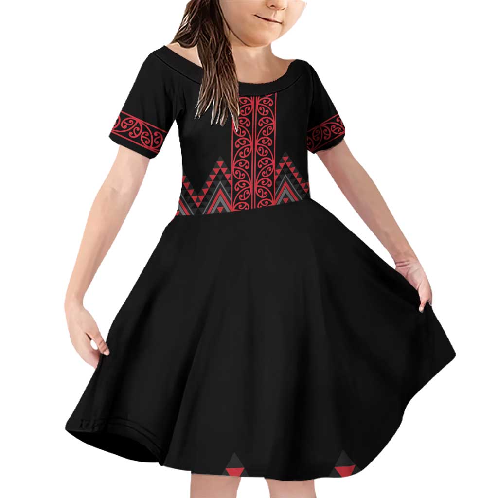 Red Aotearoa Mangopare Kowhaiwhai and Niho Taniwha Family Matching Off Shoulder Short Dress and Hawaiian Shirt Maori New Zealand LT14 Daughter's Dress Red - Polynesian Pride