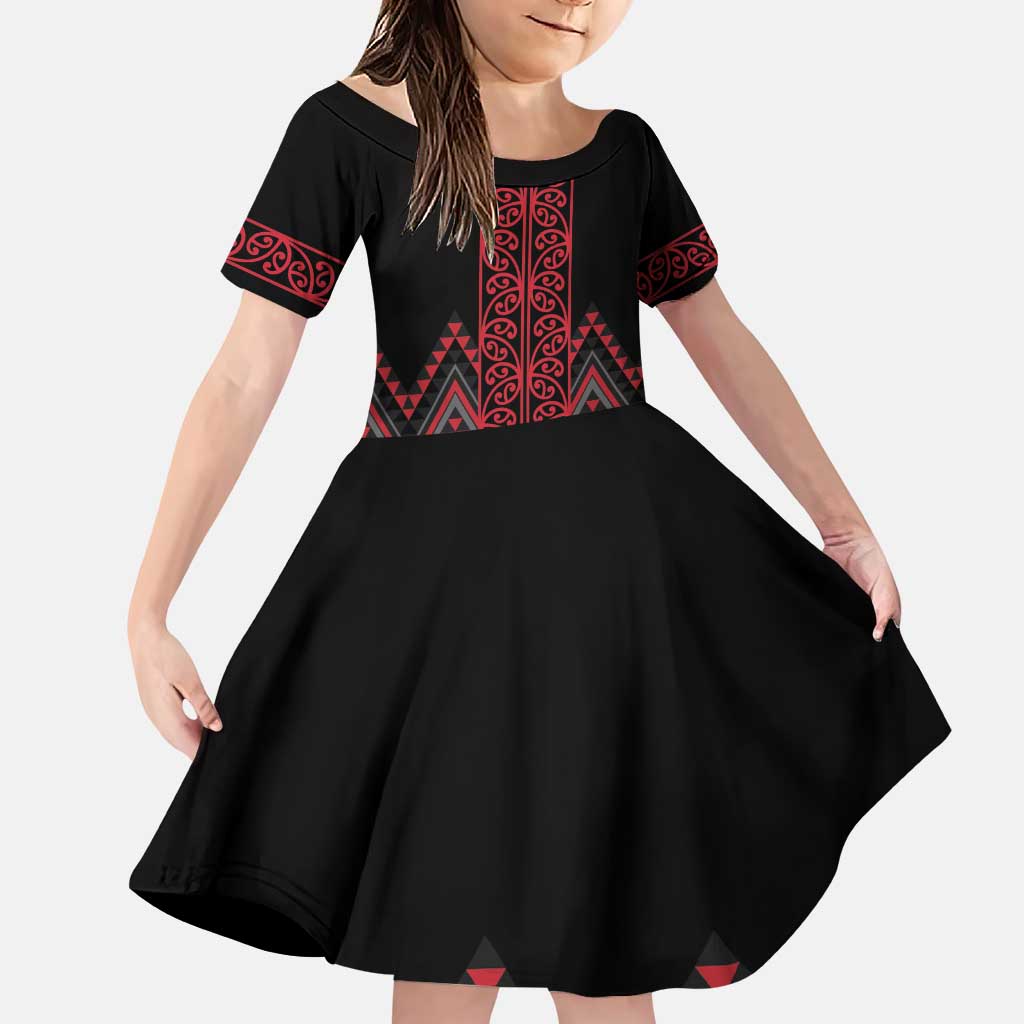 Red Aotearoa Mangopare Kowhaiwhai and Niho Taniwha Family Matching Puletasi and Hawaiian Shirt Maori New Zealand LT14 Daughter's Dress Red - Polynesian Pride