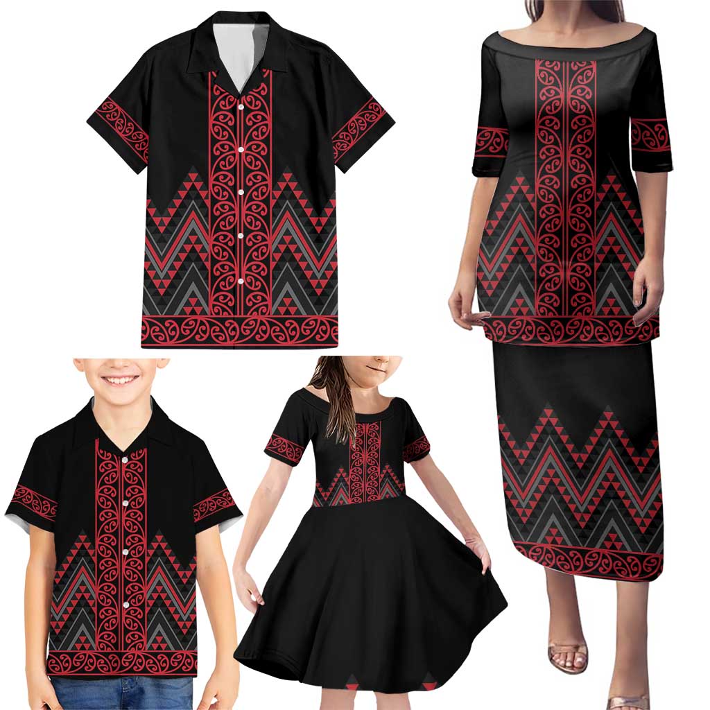 Red Aotearoa Mangopare Kowhaiwhai and Niho Taniwha Family Matching Puletasi and Hawaiian Shirt Maori New Zealand LT14 - Polynesian Pride