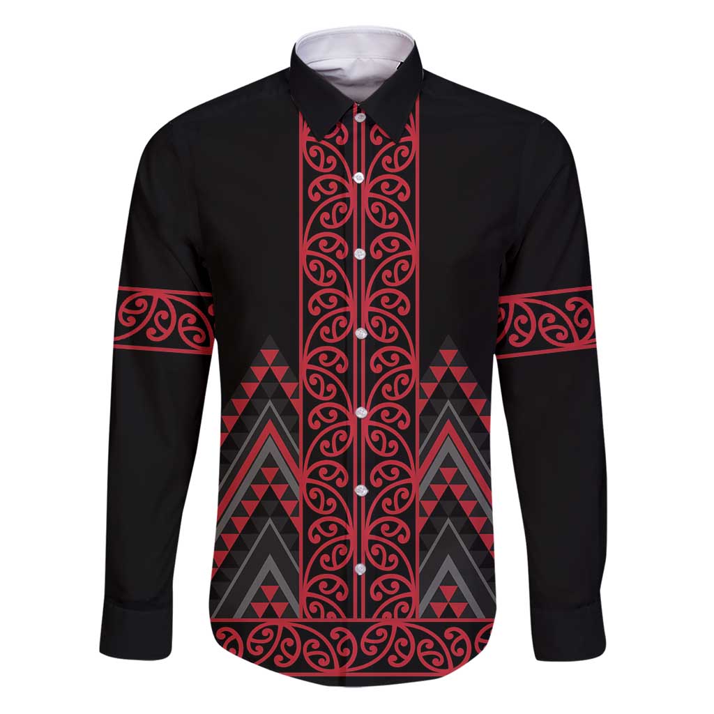 Red Aotearoa Mangopare Kowhaiwhai and Niho Taniwha Family Matching Puletasi and Hawaiian Shirt Maori New Zealand LT14 Dad's Shirt - Long Sleeve Red - Polynesian Pride