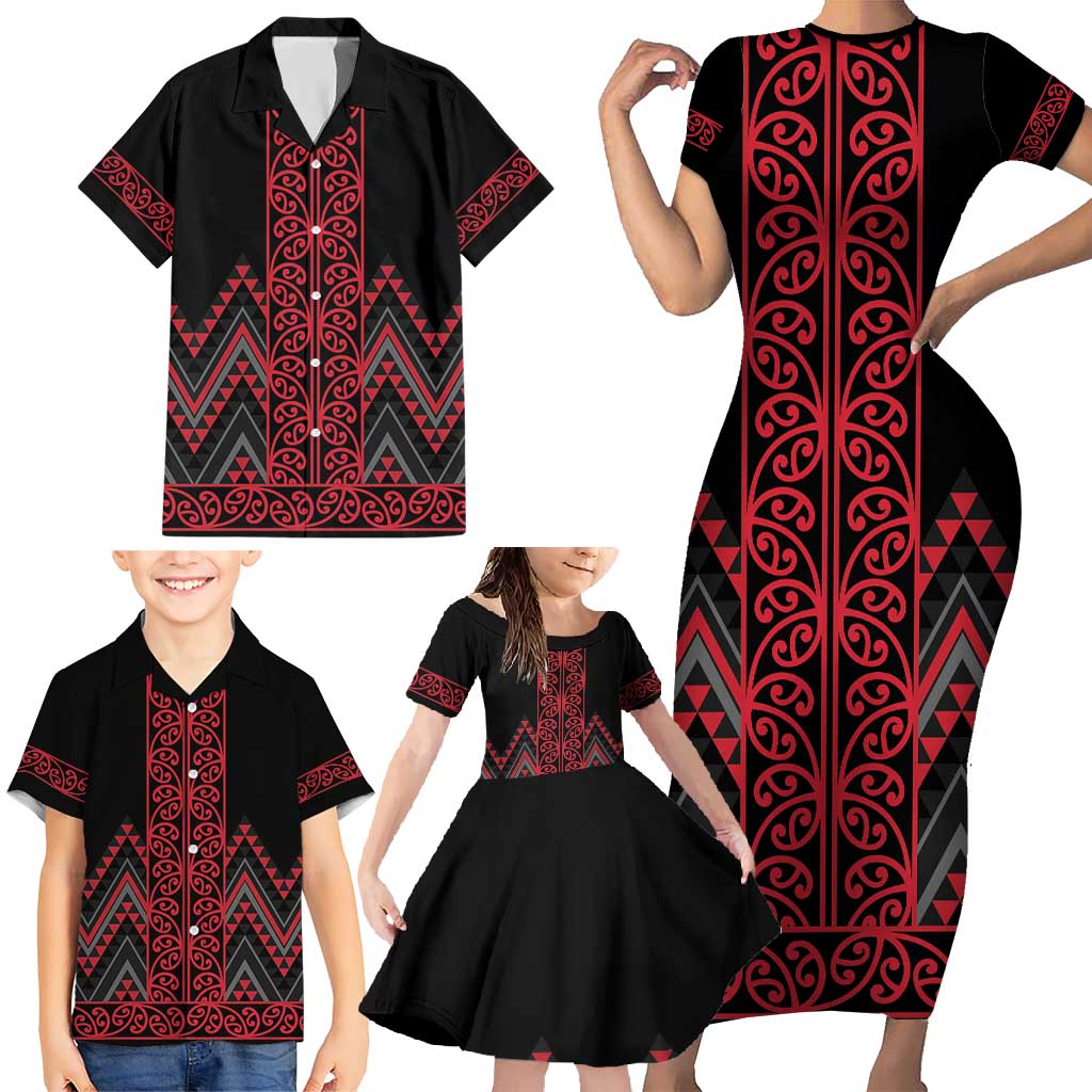 Red Aotearoa Mangopare Kowhaiwhai and Niho Taniwha Family Matching Short Sleeve Bodycon Dress and Hawaiian Shirt Maori New Zealand LT14 - Polynesian Pride