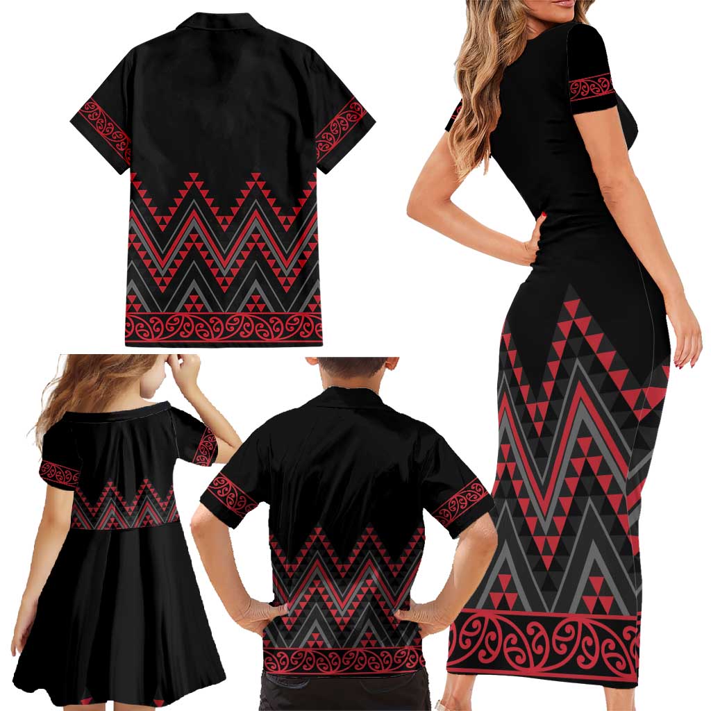 Red Aotearoa Mangopare Kowhaiwhai and Niho Taniwha Family Matching Short Sleeve Bodycon Dress and Hawaiian Shirt Maori New Zealand LT14 - Polynesian Pride