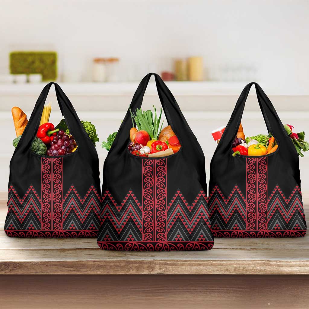 Red Aotearoa Mangopare Kowhaiwhai and Niho Taniwha Grocery Bag Maori New Zealand LT14 3-pack One Size Red - Polynesian Pride